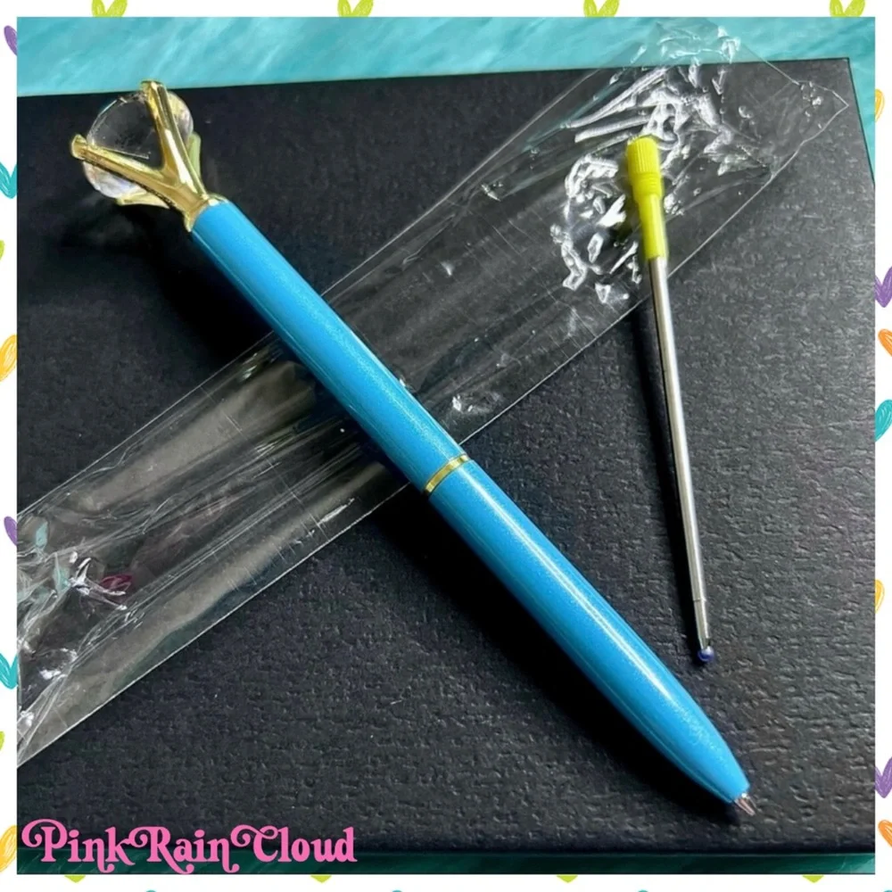 Diamond Top Metallic Blue Metal Ballpoint Pen + Black Ink Refill PinkRainCloud